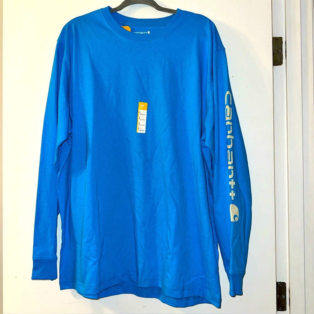 Carhartt Men's Blue T-Shirt Size large Loose Fit Heavyweight Long-Sleeve Logo